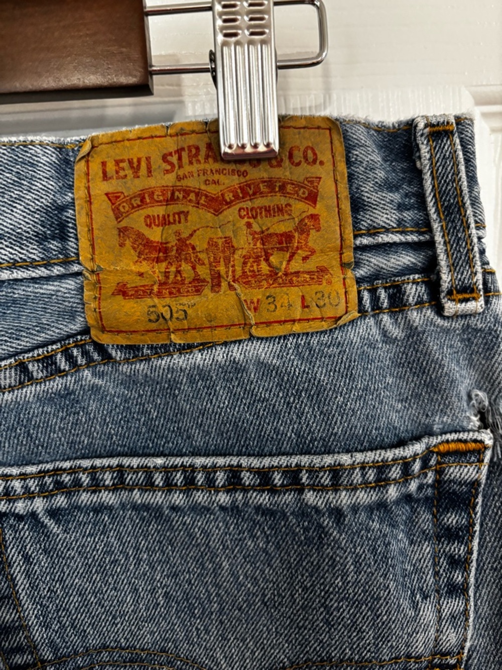 Levi's 505 Light Blue Denim Jeans with Tan Leather Patch 34x30